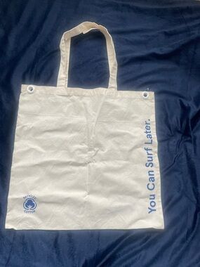 Just for fun! Canvas P448 Tote Bag with Blue Vertical Slogan